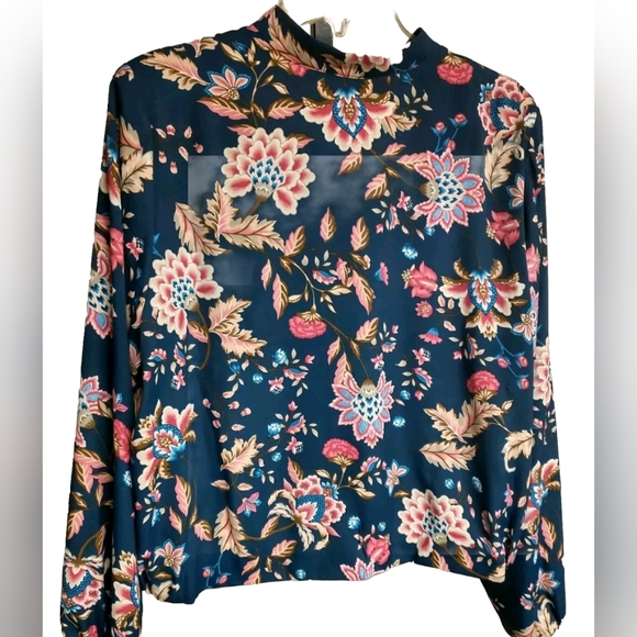 DG2 Navy Floral Bomber Jacket Zip Front Long Sleeve Size L - Picture 2 of 6